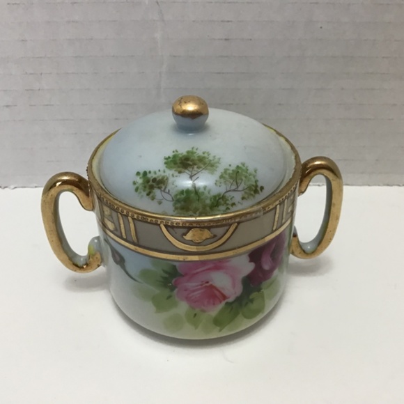 Vintage Antique Nippon Sugar Bowl Hand Painted Pink Roses Green - Picture 5 of 6